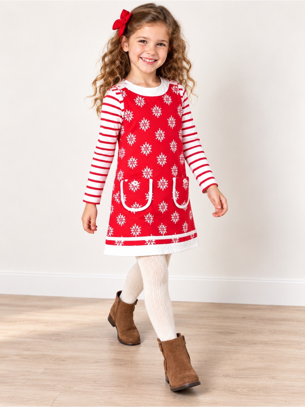 Hatley Girls Red Snowflake Button Neck Dress Size 7 Long Sleeve Winter holiday
